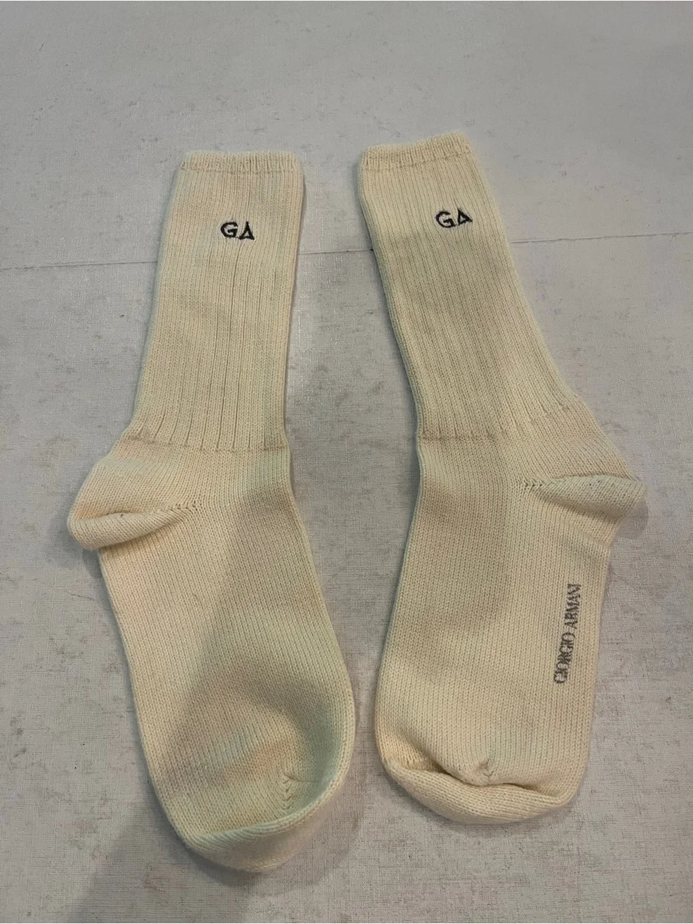 Vintage style Giorgio Armani Cream Ribbed Crew Socks with GA ankle Embroidery.